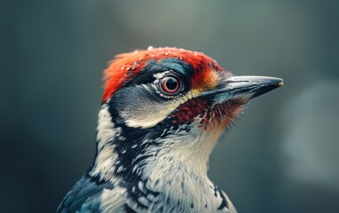 A close-up portrait of a woodpeckers head and neck - Powered by Adobe