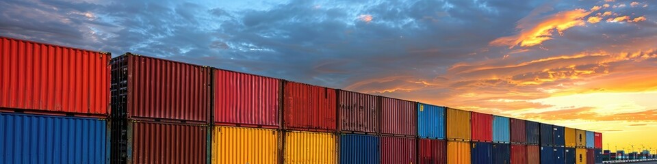 Fototapeta premium A row of colorful shipping containers are lined up against a cloudy sky