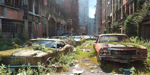 Naklejka premium Melancholic Cityscape of Wasted Potential: A desolate, overgrown cityscape, with abandoned buildings and dilapidated cars. 