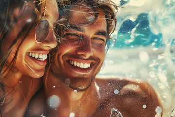 A guy and a girl sit on the beach..  Tropical beach, summer time, holiday summer, vacation summer. Couple
