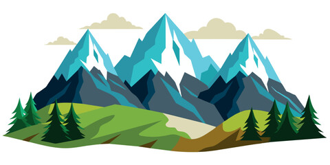 Fototapeta premium Mountains with green valleys and evergreen trees. Vector illustration