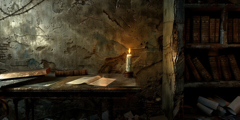 Obraz premium A dimly lit study, with a single flickering candle on a desk, ancient scrolls scattered about, and a rusty metal desk.