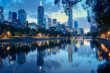 Modern City Skyline Reflected in a Tranquil River at Twilight - Urban Serenity for Posters or Prints