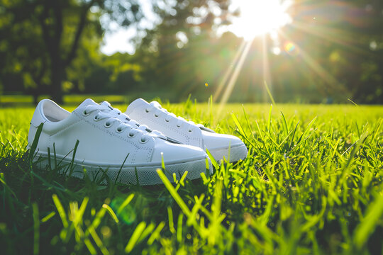 A pair of plain white sneakers on a grassy field, with a sunny park in the background, capturing a fresh and outdoor vibe 