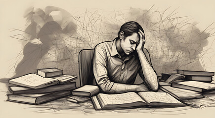 Illustration of abstract Acute stress disorder and emotional breakdown due to overwhelming study or work pressure. academic burden concept, abstract sketch style
