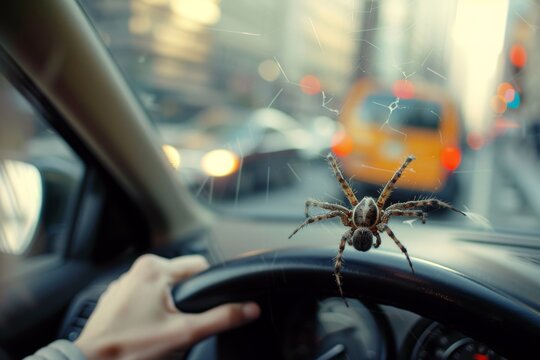 Intense Panic Moment in Car as Spider Crawls on Windshield - City Street Night Drive Scene