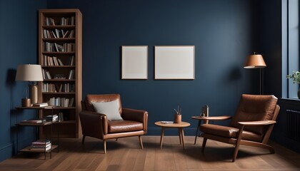 Modern living room interior with leather armchair on wood flooring and dark blue wall. 3D render