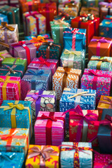 Fototapeta premium An abundant assortment of small gift boxes in different colors and patterns, tightly packed to fill the entire frame. The boxes are wrapped in vibrant papers and ribbons.