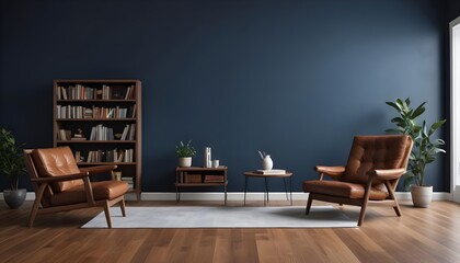 Modern living room interior with leather armchair on wood flooring and dark blue wall. 3D render