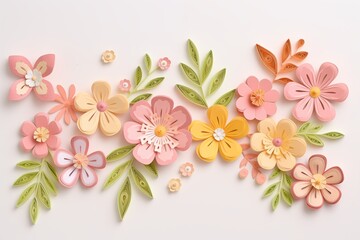 Flowers paper cut design. Beautiful spring paper cut flowers on soft color background. Valentine's Day, Birthday, Happy Woman Day, Mother's Day. Holiday poster and banner with flower papercut