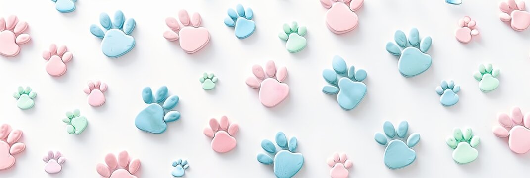 Minimalist paw print shapes in pastel colors, scattered on a white background