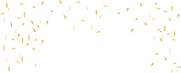 Falling shiny gold confetti. Glitter confetti frame on long background. Anniversary celebration banner. Realistic falling tinsel. Birthday party backdrop. Vector illustration