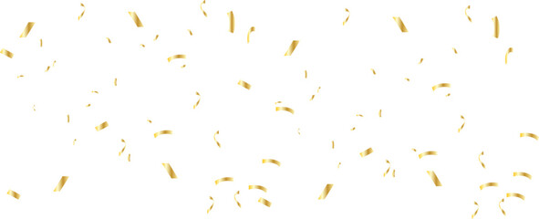 Falling shiny gold confetti. Glitter confetti frame on long background. Anniversary celebration banner. Realistic falling tinsel. Birthday party backdrop. Vector illustration