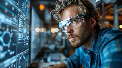 Engineer with CAD Software: Depict an engineer working with CAD software, isolated on a light blue background, highlighting digital design skills.