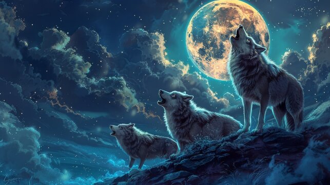 Three wolves howling at the full moon under a starry night sky - Powered by Adobe