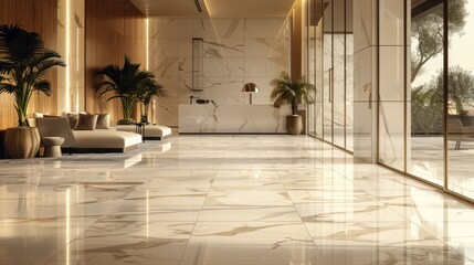 The modern living room has a beautiful gray marble floor. This adds an element of luxury and sophistication to the space. Dark and light furniture are strategically placed.