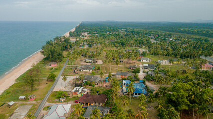 Aerial drone view of rural countryside scenery at Pantai Jambu Bongkok, Marang, Terengganu, Malaysia
