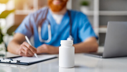 pill bottle on white table with blurred doctor in background, symbolizing medical care and pharmaceutical treatment