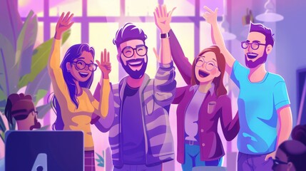Capture the moment a start-up team celebrates their first successful funding round. High-fives and smiles abound as they look forward to their next milestones.