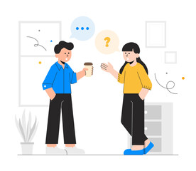 Two Employees Talking While Holding Coffee Illustrations