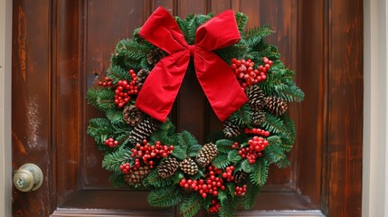 Envision a beautiful Christmas wreath hanging on a front door, adorned with pinecones, red berries, and a large red bow. It welcomes guests with holiday cheer.