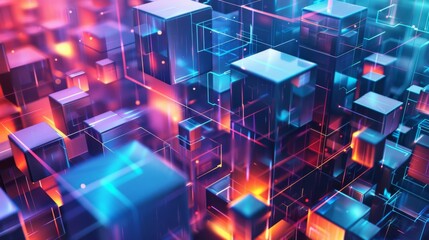 A futuristic array of glowing neon cubes in a digital, abstract composition with vibrant blues and oranges.