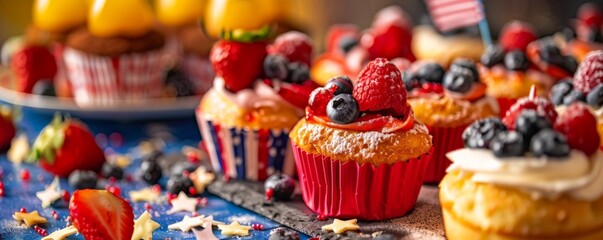 Fototapeta premium Close up on American flag-themed desserts, focus on culinary creativity, festive treats 