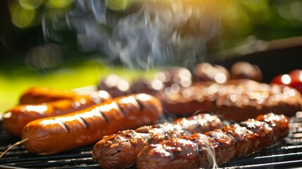 Close up on BBQ grill with burgers and hotdogs, focus on celebration, summer picnic park setting backdrop