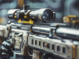 Obraz premium A detailed close-up of a modern military assault rifle, cinematic style, CryEngine Rendering, Compositing Core, Unreal Engine, 8k, detailed, Octane render