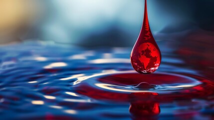 A close-up of a blood drop merging with an image of the Earth to symbolize the global impact of blood donations