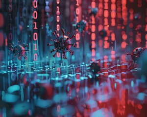 Computer hacked by virus, system error alert, internet crime cybersecurity measures theme, whimsical, composite, binary code backdrop