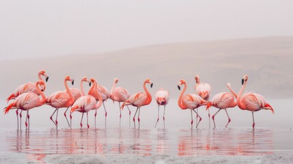 A group of pink flamingos stand in shallow water on a misty morning