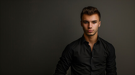 Fototapeta premium portrait of a handsome young man in black shirt standing against the wall in studio