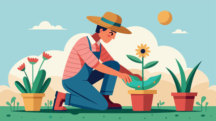 Cartoon gardener with sunflower in a sunny garden. Vector illustration