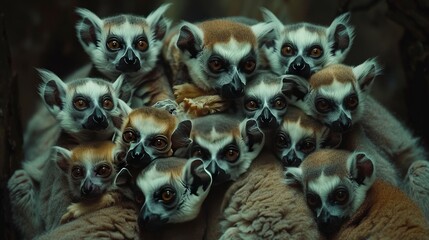 A close-up of a group of lemurs huddled together in a dark forest