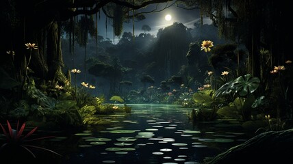 "Enchanting Nocturnal Realm: Tranquil Jungle Transformed into Magical Nighttime Haven with Dazzling Flora and Fauna"





