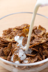 チョコレート味のシリアルにミルクをかける