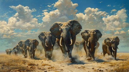 A herd of elephants running across the African savanna - Powered by Adobe