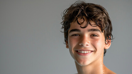 Portrait of smiling teenage boy swimmer on gray background with copy space