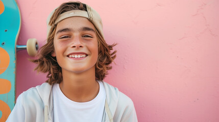 Cute teenage boy with a skateboard on pink pastel background 