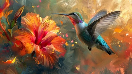 A colorful hummingbird flies near a large orange hibiscus flower in a painted garden setting