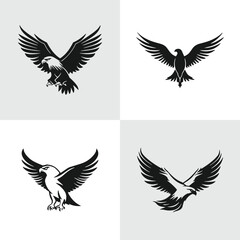 Fototapeta premium Set of flying eagle silhouettes. Suitable for logo, emblem, pattern, typography etc. Isolated on white background. Vector illustration