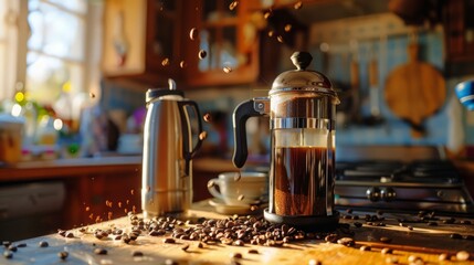 Capture the aroma of freshly ground coffee beans filling a rustic kitchen as someone prepares a French press. The scene is inviting and aromatic, promising a perfect start to the day