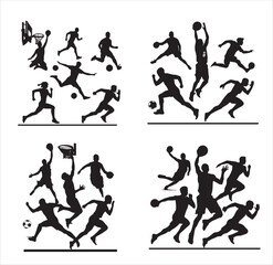 Basketball player in action, such as a  dunking, a soccer player kicking, or a runner sprinting.Silhouettes,vectors
