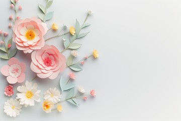 Flowers paper cut design. Beautiful spring paper cut flowers on soft color background. Valentine's Day, Birthday, Happy Woman Day, Mother's Day. Holiday poster and banner with flower papercut