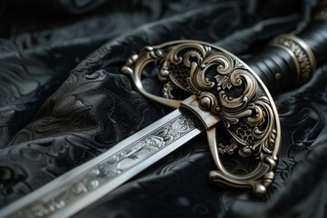Elegant Detail of Ornate Fencing Sword Hilt on Black Velvet Background for Design, Decor, and Art
