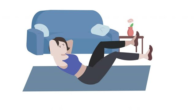 Female cartoon character doing exercise on mat in the house.  Fitness and workout, healthy lifestyle concepts. 4k, Looped 2D animation.