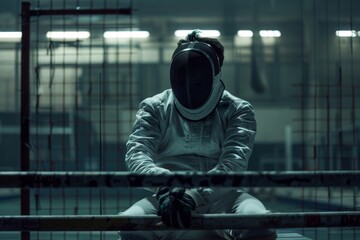 Fencer Preparing for Training on Bench With Mask and Piste in Background - Sports and Fitness Concept