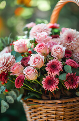 Beautiful large bouquet of pink and red roses and chrysanthemums in a wicker basket