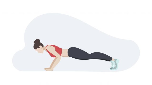 Female cartoon character doing Push up exercise.  Fitness and workout, healthy lifestyle concepts. 4k, Looped 2D animation.